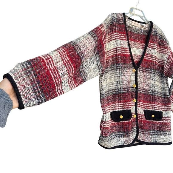 Christina Hope Vintage Red White Black Plaid Wool Blend Cardigan Sweater Medium - Picture 6 of 10